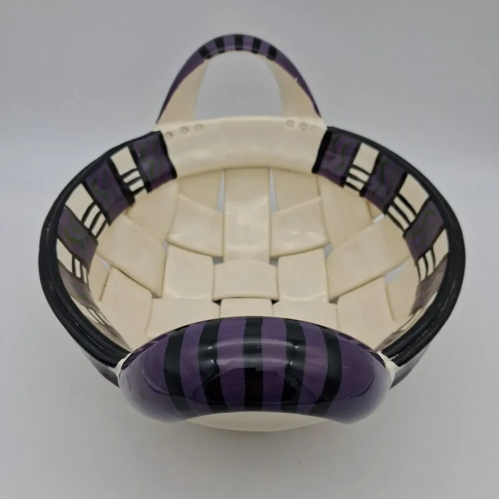 Rina Peleg Signed Pottery Basket Bowl-Hand Decorated Riveted Design 11 3/8